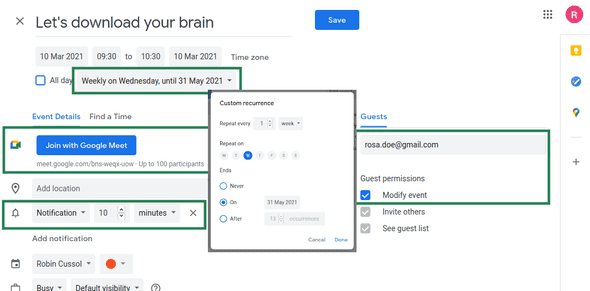 Screenshot of Google Calendar event creation with highlighted sections