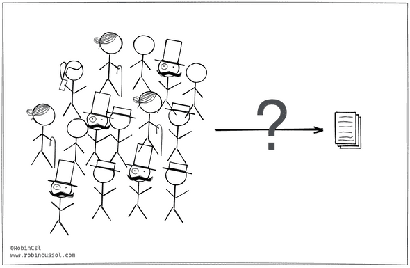 A mob of sticks figure with a question-mark-crossed arrow pointing to a stack of document